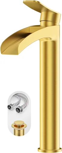 Phiestina NS-SF01-BG-V - Grifo de fregadero alto de baño de oro cepillado, llave única de un solo agujero, cascada moderna, con drenaje desplegable