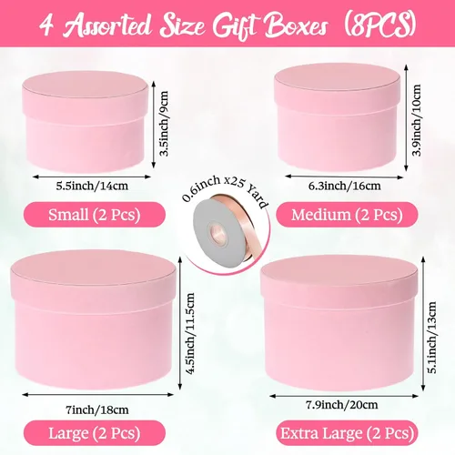 Miniatura 3 de Tenceur 8 cajas de regalo redondas con tapas, cintas para arreglos, 4 tamaños surtidos, cajas de regalo de terciopelo para flores, regalos, bodas