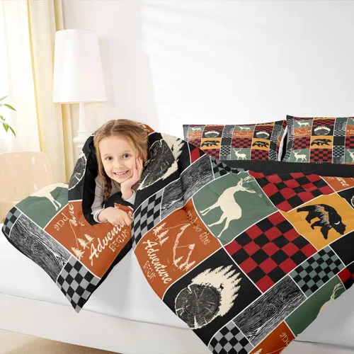 Miniatura 206 de Juego de edredón de oso y ciervo, tamaño individual, ropa de cama de animales salvajes de caza, colcha rústica de cabaña, casa de campo, cuadros