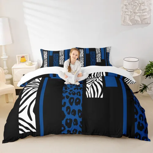 Miniatura 22 de Juego de funda de edredón con estampado de leopardo, tamaño individual, juego de ropa de cama rústica con rayas de piel de cebra, decoración