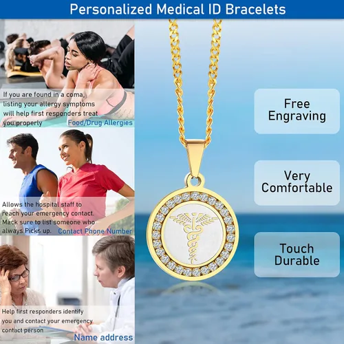 Miniatura 121 de VNOX Collar con colgante personalizado de acero inoxidable con grabado personalizado para identificación de alerta médica de emergencia para hombres