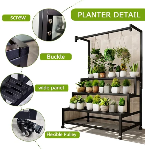 Miniatura 5 de Soporte de metal grande de 3 niveles, con estante alto para macetas colgantes, con rodillos resistente para plantas, para el hogar, jardín, sala