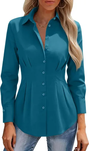 Miniatura 13 de siliteelon Camisas con botones para mujer, cintura ceñida, camisa de vestir de algodón de manga larga para negocios, casual, trabajo, oficina