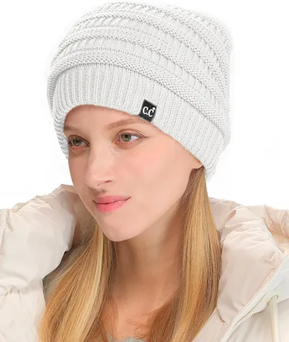 C.C Winter Oversized Beanie Hat with Fuzzy Lining – Thick Knit Thermal Beanie for Cold Weather, Soft Warm Fleece Lined Cap