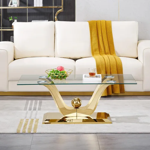 Miniatura 158 de Mesa de centro de cristal de lujo, mesa de centro de sofá de 47 pulgadas con marco de acero inoxidable dorado y parte superior de vidrio negro, mesa