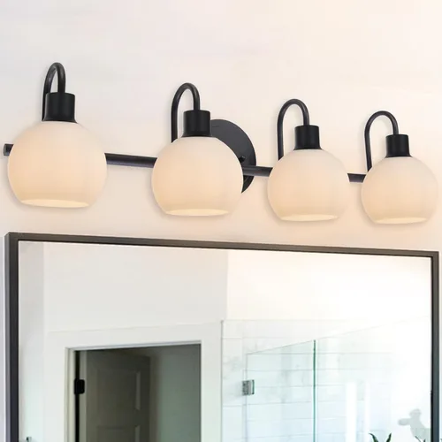 Miniatura 12 de Accesorios de iluminación de tocador de baño negros de 5 luces sobre espejo, iluminación moderna de pared con apliques de vidrio esmerilado
