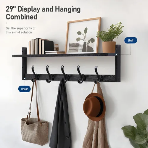 Miniatura 2 de Tatub Perchero de pared de 29 pulgadas con estante, ganchos de pared de madera con almacenamiento, estante de entrada con 5 perchas para baño, sala