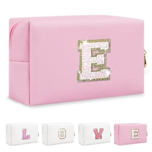 Miniatura 100 de Pequeña bolsa de maquillaje personalizada con inicial A-Z Preppy Patch, bolsa de cosméticos de viaje de felpilla blanca con cremallera, bonita bolsa