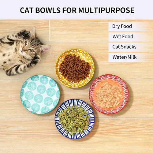 Miniatura 5 de Selamica Cuencos de cerámica para gatos, 6 pulgadas de ancho poco profundos para aliviar la fatiga de los bigotes, juego de 4, colores surtidos