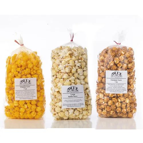 Del's - Paquete variado de palomitas de maíz (paquete de tres) - Set de regalo de palomitas gourmet (queso/tetera/caramelo)