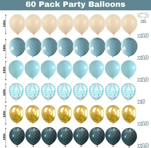 Miniatura 2 de Paquete de 60 globos azul polvoriento dorado, conjunto de globos de látex azul pizarra blanco arena verde azulado turquesa crema beige con confeti