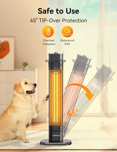 Miniatura 7 de VAGKRI Calentador Eléctrico de Patio al Aire Libre, Calentador de Tubo de Carbono Infrarrojo de 1500 W Dual, Protección contra Volcadura