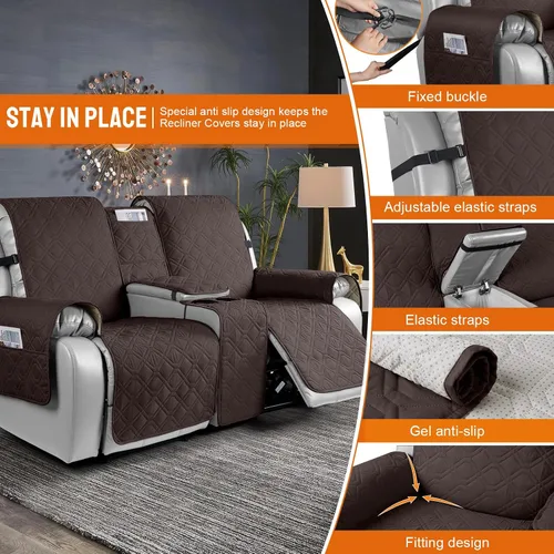 Miniatura 4 de VANSOFY Funda reclinable 100% impermeable con consola (chocolate) y fundas de sofá reclinable (chocolate, 3 plazas)