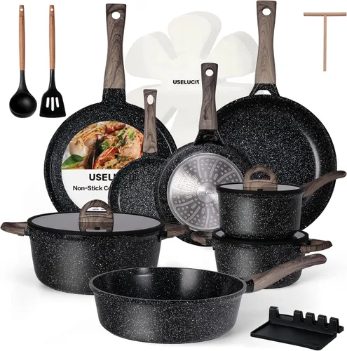 USELUCK Juego de ollas y sartenes antiadherentes, no tóxicos, 22 piezas de utensilios de cocina de cerámica, ollas y sartenes antiadherentes con