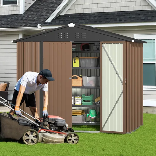 Miniatura 2 de Gizoon Cobertizo de almacenamiento para exteriores de 8 x 6 pies, cobertizo de jardín de metal galvanizado con puertas dobles con cerradura, Marrón