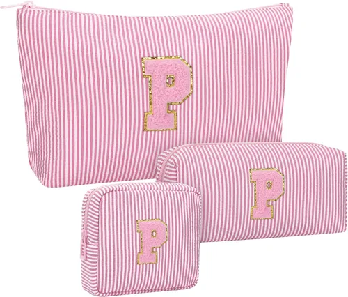 Miniatura 78 de Juego de bolsas de maquillaje con iniciales para niñas y mujeres, bolsa de cosméticos con monograma con soporte para cepillos, estuche de maquillaje