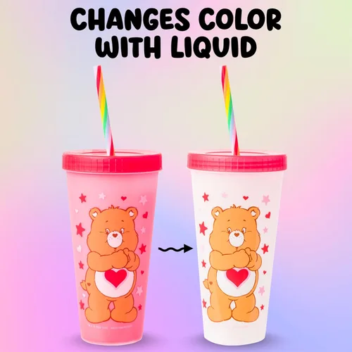 Miniatura 9 de Silver Buffalo Care Bears Corazones y Estrellas Juego de 4 Vasos de Plástico Cambian de Color con Popotes de Espiral Arcoíris con Tenderheart