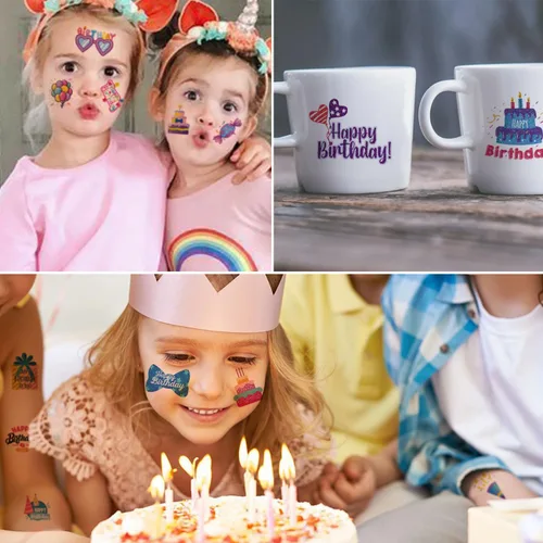 Miniatura 4 de CHARLENT Palitos de tatuaje de feliz cumpleaños con purpurina para niños, 74 hojas individuales, tatuajes temporales, regalos de cumpleaños