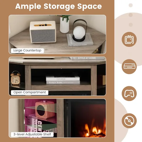 Miniatura 7 de Tangkula - Soporte de TV de esquina con chimenea y luces LED y control inteligente por APP para TV de 50 pulgadas, centro de entretenimiento con Gris