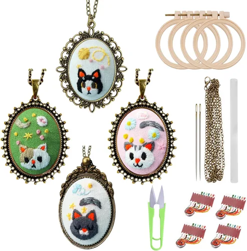 Miniatura 12 de ZOCONE 4 Paquetes de Kits de Collar de Bordado, Kit de Colgante de Bordado Mini Kit de Punto de Cruz con 4 Aros, Collar, Colgante, Tela