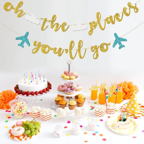 Miniatura 4 de INNORU Cartel de Oh The Places You Go - Decoración de banderines para fiesta de despedida temática de viaje, Bon Voyage, cumpleaños, aniversario