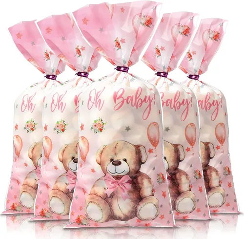 Miniatura 8 de Pajean Paquete de 100 bolsas de regalo de oso para baby shower, de celofán, bolsas de regalo de plástico a granel con lazos metálicos