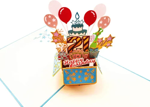 Miniatura 4 de iGifts And Cards Tarjeta desplegable 3D de cumpleaños 21 – Caja de fiesta azul de moda sorpresa con globos, regalos y vibraciones de alegría