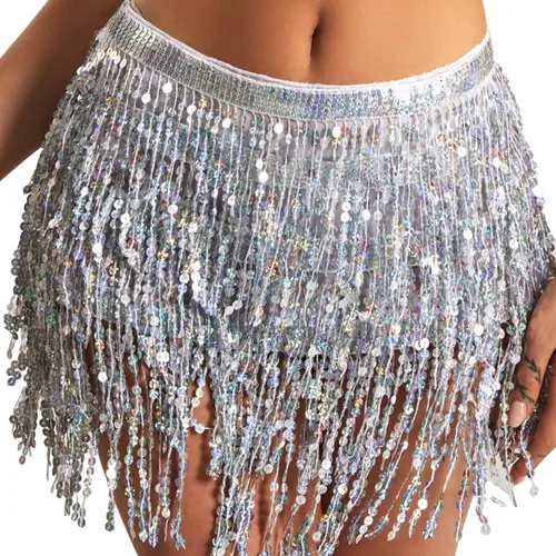 dmjuncong Falda de danza del vientre para mujer, falda de lentejuelas con borlas y bufanda, disfraz brillante para Navidad, fiesta de Halloween
