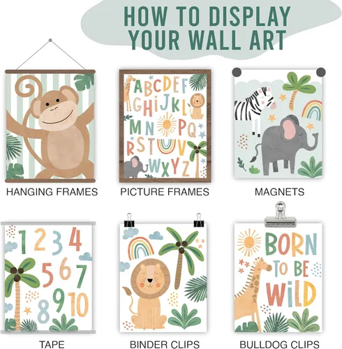 Miniatura 6 de Hadley Designs 6 decoraciones de pared de safari para guardería, decoración de guardería sin marco, decoraciones de selva para habitación de niños