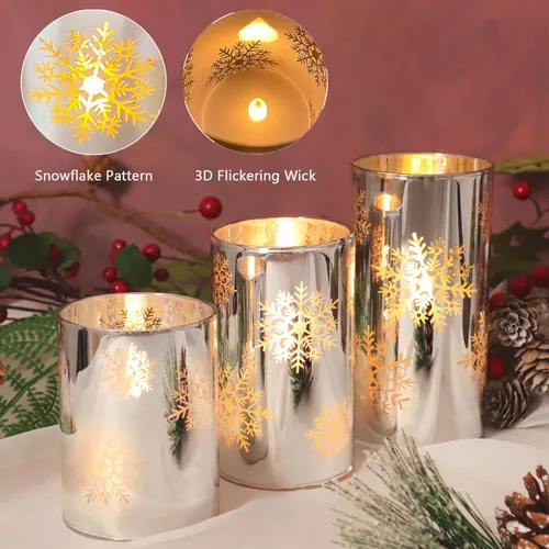 Miniatura 4 de Velas LED sin llama de copo de nieve con control remoto y temporizador, velas de vidrio electrochapado operadas por batería, velas LED parpadeantes