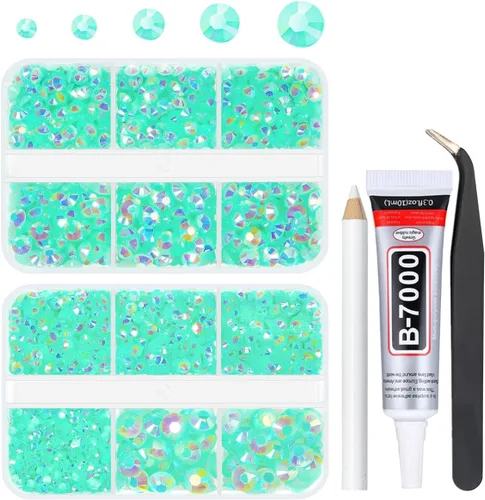 qiipii Diamantes de imitación de resina AB verde aguamarina con pegamento B7000 para manualidades deslumbrantes de 2mm-6mm piedras gelatinosas de
