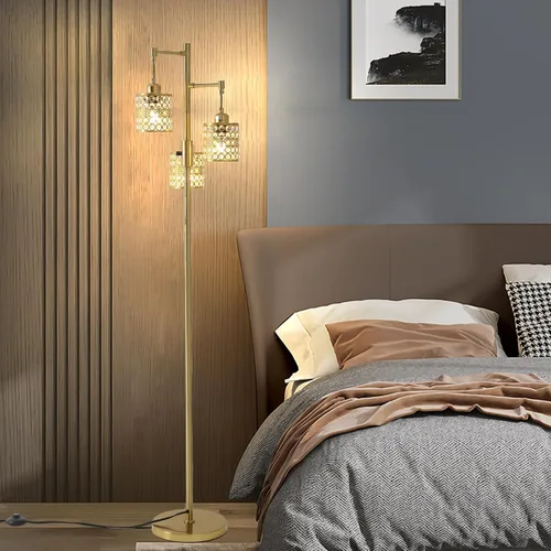 Miniatura 3 de Lámpara de pie industrial, lámpara de pie regulable, lámpara de árbol dorado, lámpara de pie con 3 elegantes pantallas de cristal para sala