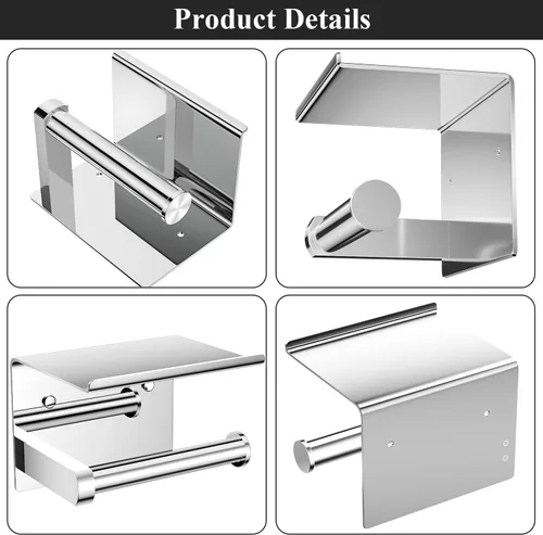 Miniatura 5 de Tindbea Soporte de papel higiénico con estante para teléfono, soporte de pared adhesivo o con tornillos para rollo de papel higiénico, dispensador
