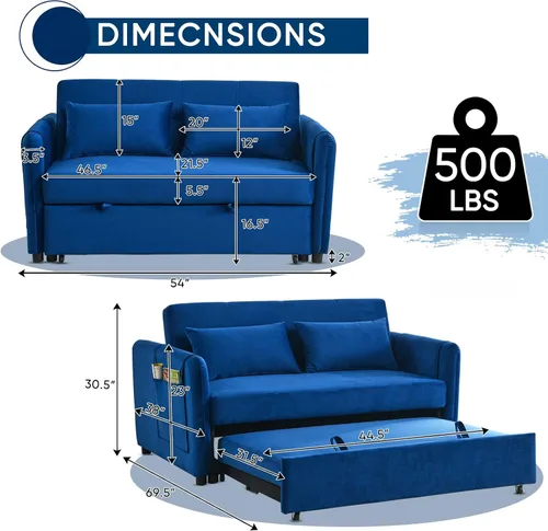 Miniatura 2 de Deolme Sofá cama convertible 3 en 1, moderno sofá biplaza de terciopelo con bolsillos laterales de almacenamiento y almohadas, sofá biplaza pequeño