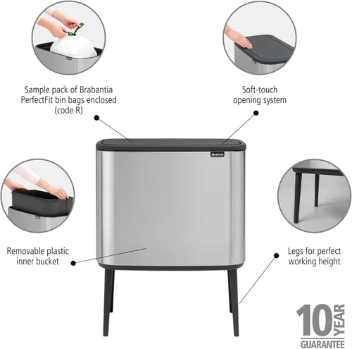 Miniatura 2 de Brabantia Bo Cubo de basura - 1 cubo interior de 9.5 galones (acero mate FPP) cubo de basura para residuos/reciclaje, compartimento extraíble +