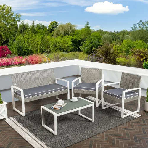 Miniatura 2 de JONATHAN Y Elina LVG1102A-4SET - Juego de 4 piezas para patio al aire libre, muebles modernos de mimbre con cojines y mesa de centro de madera