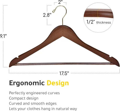 Miniatura 3 de Perchas de madera de calidad – Juego de 20 perchas ligeramente curvadas – Perchas de madera maciza con elegantes ganchos cromados – Ropa resistente