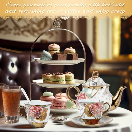 Miniatura 5 de Zhehao Juego de té de porcelana de 20 piezas con soporte de metal y cuchara para adultos, juego de té de cerámica para adultos, pintura de flores