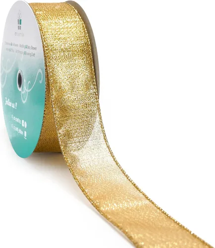 Miniatura 40 de Cinta con alambre metálica dorada champán de 2.5 pulgadas x 10 yardas para decoración del hogar de Navidad, lazo para decoración de árbol, envoltura