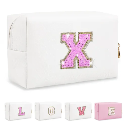 Miniatura 399 de Pequeña bolsa de maquillaje personalizada con inicial A-Z Preppy Patch, bolsa de cosméticos de viaje de felpilla blanca con cremallera, bonita bolsa