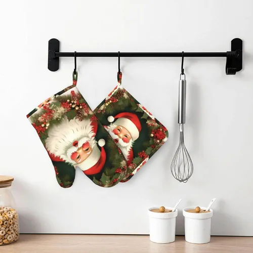 Miniatura 7 de Juego de manoplas de horno y soportes para ollas de Navidad con corona de Papá Noel, resistentes al calor, de silicona, para cocinar, guantes