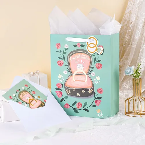 Miniatura 4 de WRAPAHOLIC Bolsa de regalo de boda grande de 13" con tarjeta y papel de seda - Copa de champán y Cheers