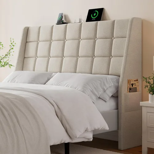 Miniatura 11 de Cabecero tapizado ergonómico tamaño queen con estación de carga, cabeceros con respaldo de orejas de lino con bolsillo de almacenamiento, solo Gris