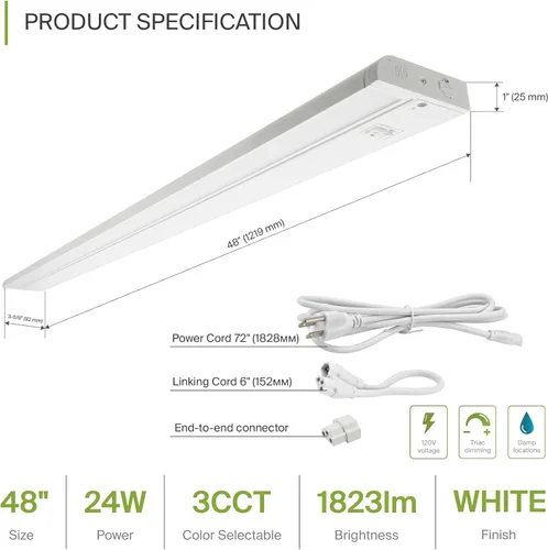 Miniatura 2 de ASD Iluminación LED giratoria para debajo del gabinete con enchufe o cableado de 48 pulgadas, luces regulables debajo del gabinete con interruptor