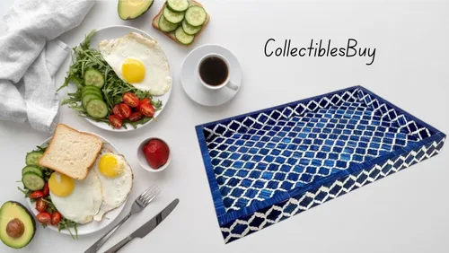Miniatura 7 de Bandeja de servir hecha a mano con incrustaciones de hueso, bandeja de desayuno de damasco marroquí azul y blanco, bandeja rectangular de madera