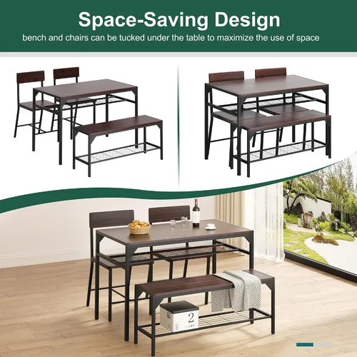 Miniatura 5 de Conjunto de mesa y sillas de cocina Shintenchi de 4 piezas, juego de mesa de comedor para 4 con banco y sillas, juego de mesa de cocina de 4 piezas