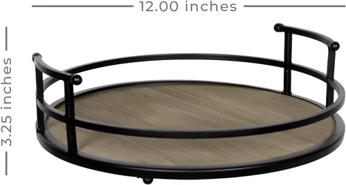 Miniatura 6 de Stratton Home Decor Bandeja redonda de metal y madera Bandeja decorativa de mesa de café de madera para superficies de mesa vacías Bandeja