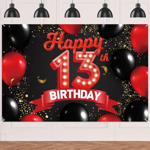 Miniatura 17 de Cartel de feliz cumpleaños 15 color rojo y negro, decoración temática de globos para niñas y mujeres, princesas de 15 años, fiesta de cumpleaños