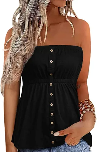 FECAFO Botón sin tirantes Bandeau sin mangas sin mangas sin espalda tubo Tops plisado verano casual vacaciones Tanques camisa blusa