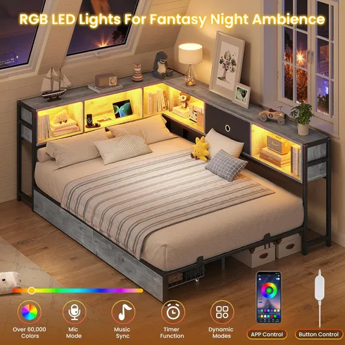 Miniatura 6 de Hasuit - Base de cama esquinera de tamaño matrimonial con cajones de almacenamiento y cabecera con estantería, plataforma de metal, estación